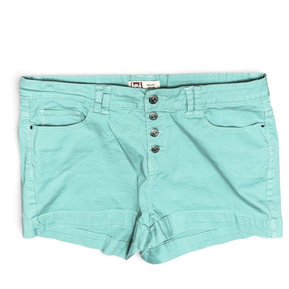 LEI Tatum High Rise Shorts Aqua Mint Stretch Button Fly Denim Jean 34" Y2K